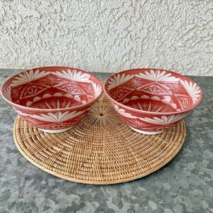 TWO Vintage Japanese Porcelain Bowls – Red Underglaze Carved Arita Style